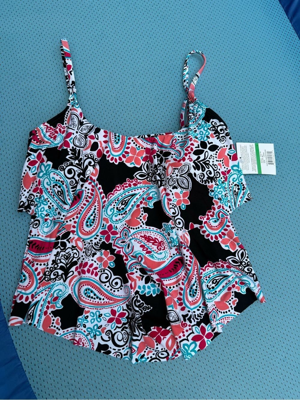 24th & Ocean Large Women’s Paisley Ruffle Tank Top - Black, Coral & Teal - NWT